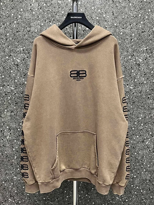 Balenciaga Embroidered Sleeve BB Logo Popover Hoodie 'Beige/Black